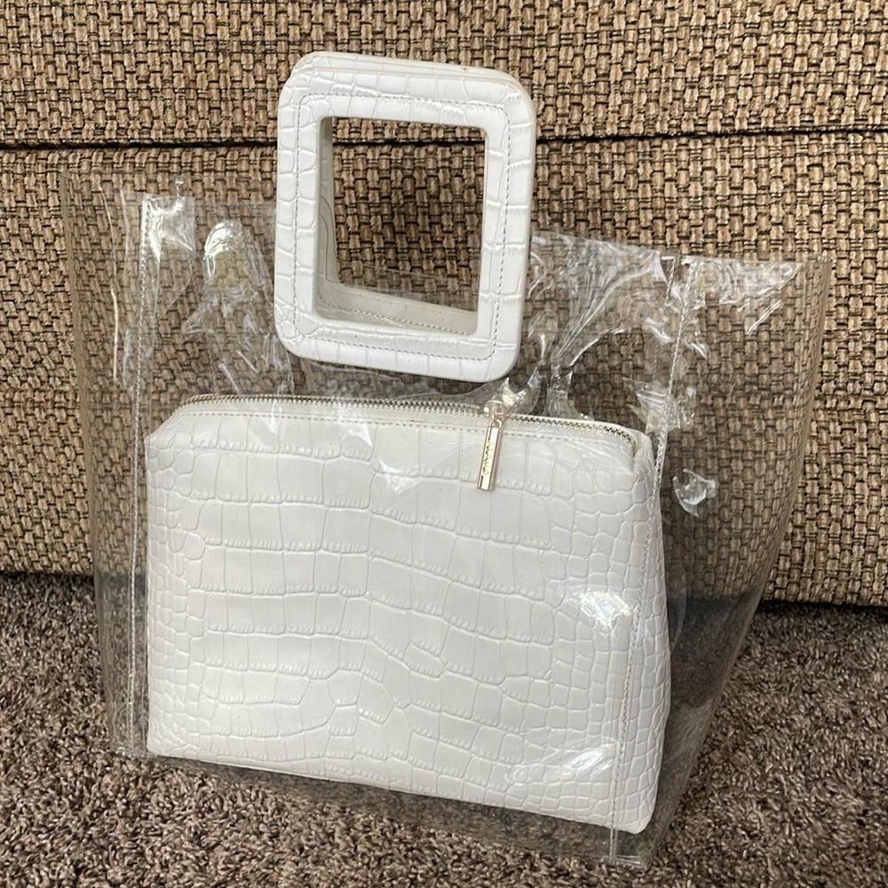 STAUD womens white crocodile PVC clear outer bag Shirley tote leather purse EUC